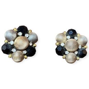 VTG Gold Tone‎ Black Faceted Bead & Rhinestone Cluster Wire Clip-on Earrings